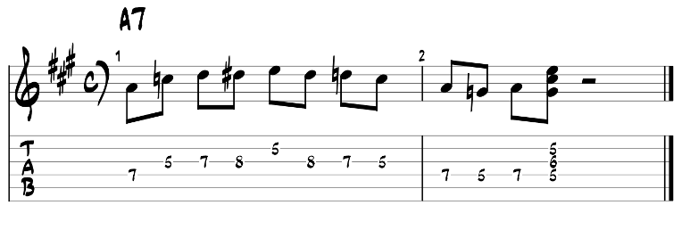 Minor blues scale and dom7 chord guitar tab 1