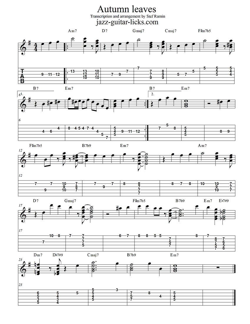 Autumn leaves jazz guitar chord melody arrangement