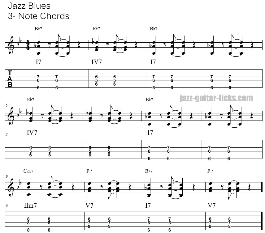 Bb blues jazz comping 3 note guitar chords