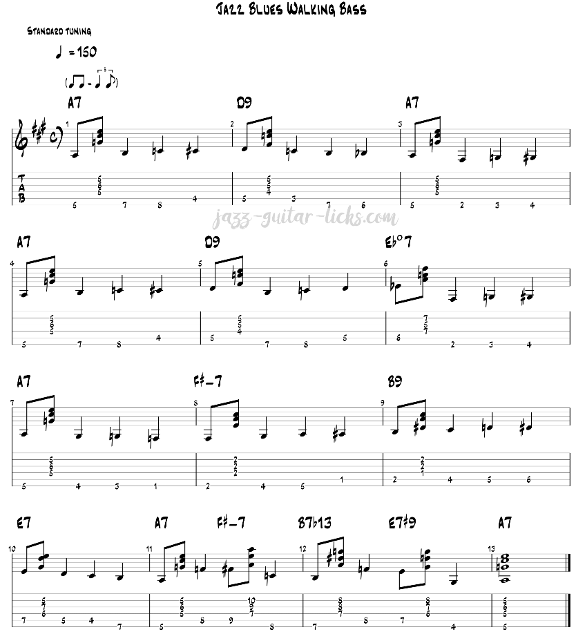 Jazz blues guitar walking bass tabs