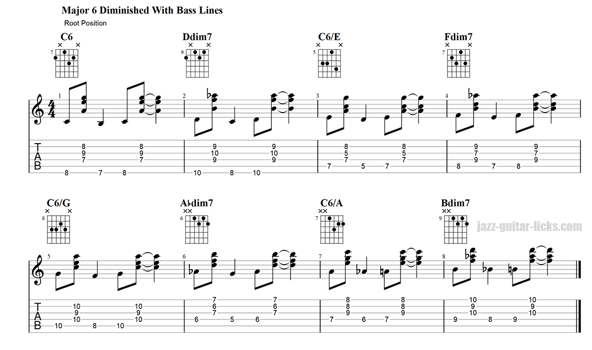 Major 6 diminished guitar chords with bass lines