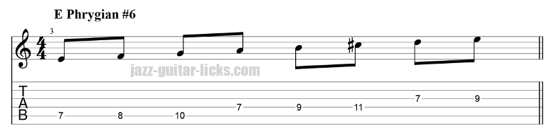 Phrygian sharp 6 mode for guitar