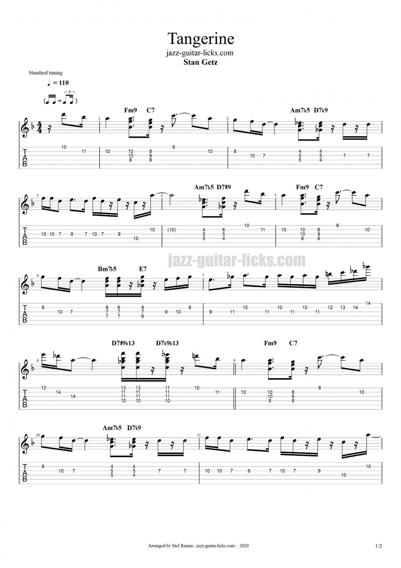 Tangerine stan getz jazz guitar tabs part1