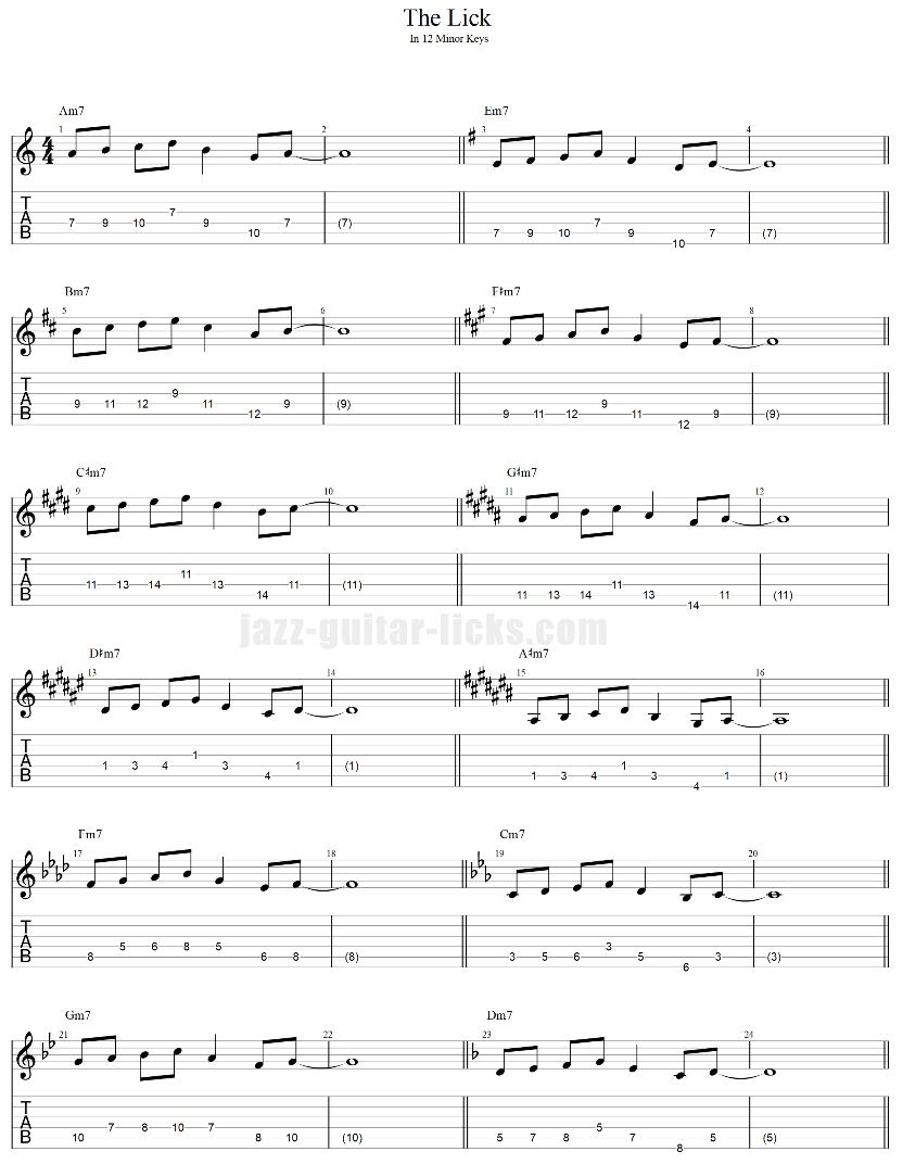 The lick in twelve keys for guitar